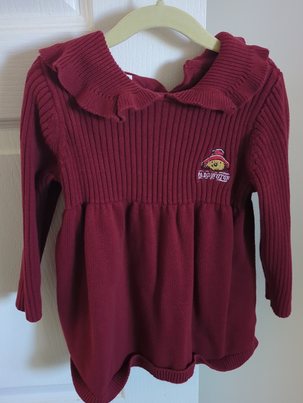 H&M Paddington Bear Knit Ruffle Dress Burgundy 2-3T